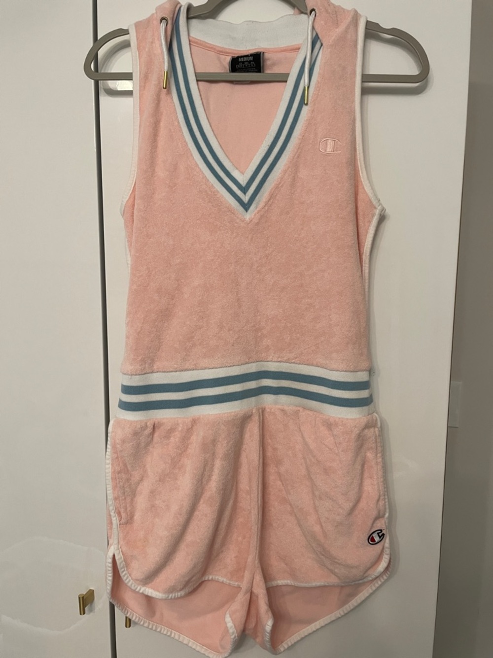 Champion Pink Terry Hooded Romper with Blue Trim
